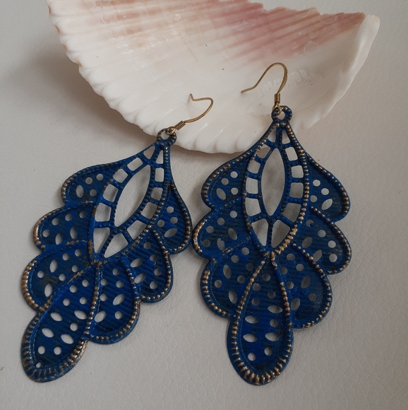 Santorini Blue Metal Filigree Lace Hanging Earring - Picture 1 of 7